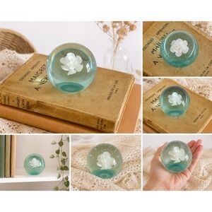 Teal Art Glass Paperweight White Flower Coastal Decor Sm Glass Accent Vtg Style